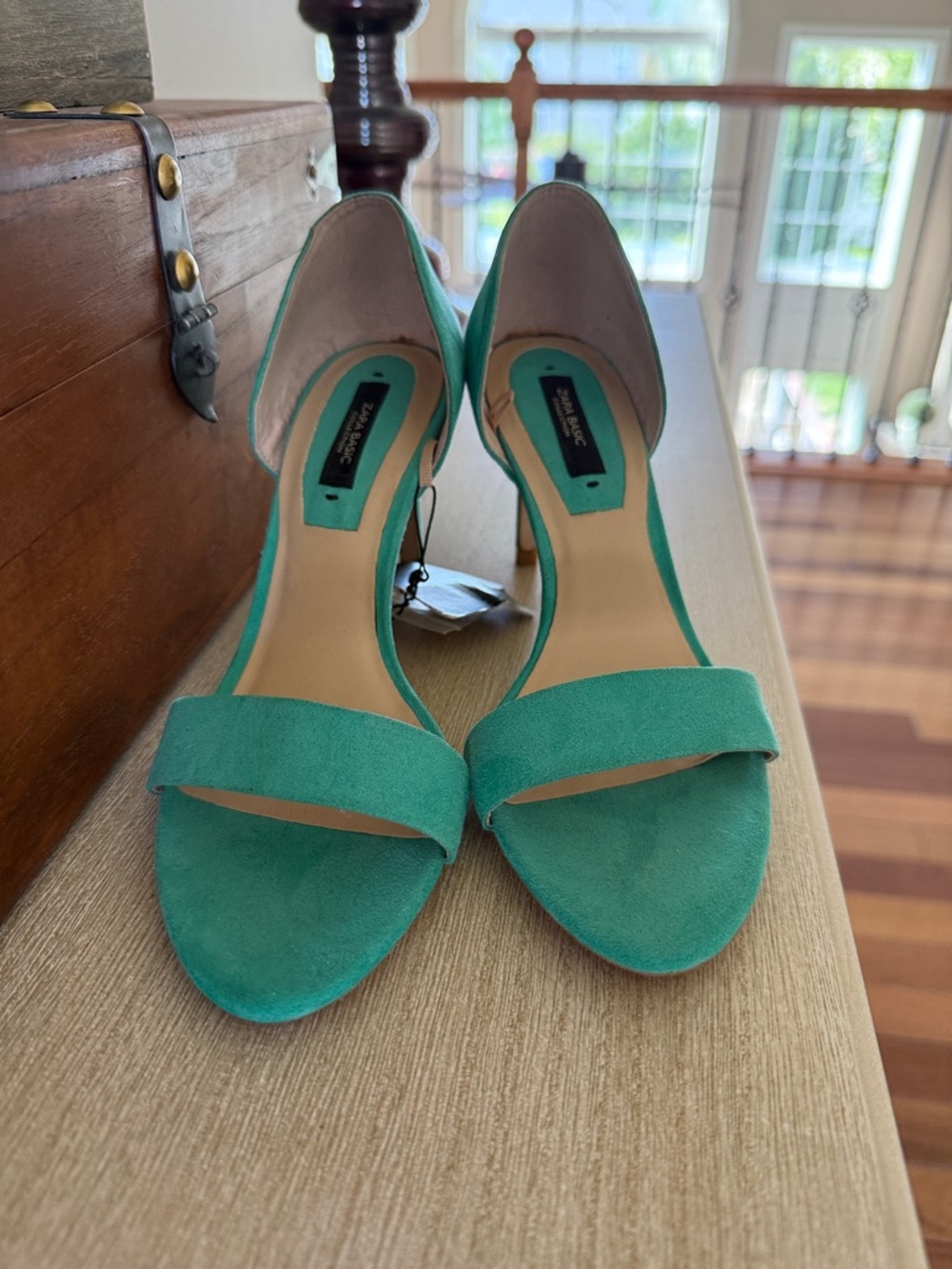 Zara Teal Suede Open-Toe Ankle Strap Heels